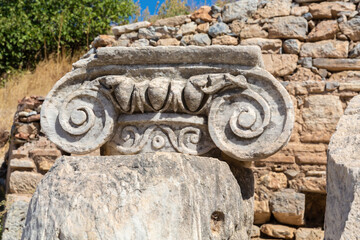 Ionic capital in Ancient Ephesus. Selected focus, copy space. Art, design or tourism concept. Selcuk, Turkey (Turkiye)