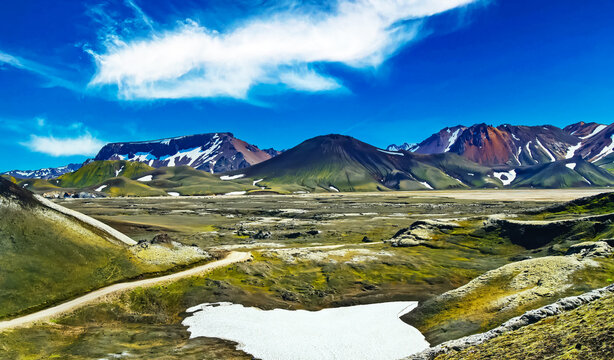 Beautiful icelandic nordic wild nature rough surreal landscape, volcano crater, colorful red mountains, hiking trail - Ljosufjoll volcanic system, Iceland