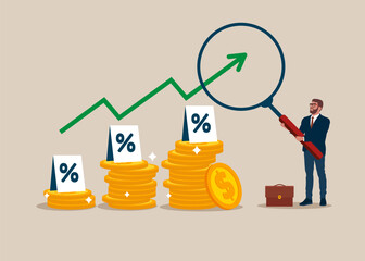 Businessman hold magnifying with pile of coins symbol. Interest rate hike due to inflation percentage rising up. Flat vector illustration.  - obrazy, fototapety, plakaty