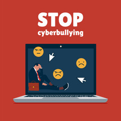 Stop Cyberbullying. Businessman sitting on screen laptop. Social media bullying. Modern vector illustration in flat style 
