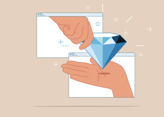 Diamond with two hands coming out of browser pass each other a  symbol diamond. Internet online. Flat vector illustration