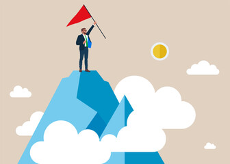 Businessman standing on top of mountain with flag, sucсess leadership. Modern vector illustration in flat style 