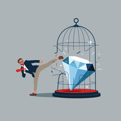 Karate businessman try bring diamond out from cage. metaphor of financial freedom, freedom of money. Jewelry. Flat vector illustration.