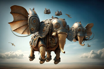 Antique robot elephant made of bronze. Fighting robot of ancient Rome flies through the sky. Fanatsy AI generated steampunk machine - 572755212