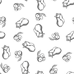 A grocery pattern of hand-drawn fruits of various sizes on a white background.
