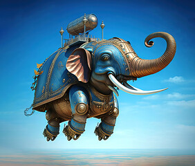 Antique robot elephant made of bronze. Fighting robot of ancient Rome flies through the sky. Fanatsy AI generated steampunk machine - 572755221