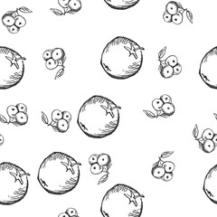 A grocery pattern of hand-drawn fruits of various sizes on a white background.