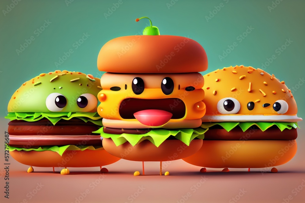 Wall mural Background of a 3D Cute Hamburger Character. Generative AI