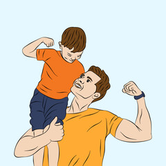 Father and son showing biceps vector illustration