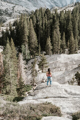 Obraz premium Woman standing on the rocks contemplating the view of the forest and mountains in nature. Summer weather. Vacations.