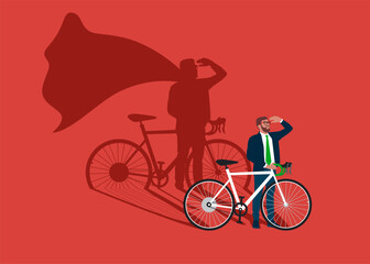 Businessman with bike dreams of becoming a superhero. Confident handsome young man standing superhero shadow concept illustration.
