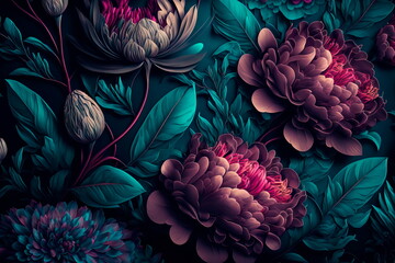 Seamless floral pattern with flowers on dark Generative AI