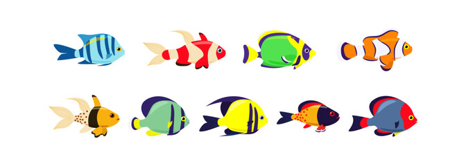 Set of marine exotic fishes on a white background. Collection Aquarium vector fish isolates. Sea fish. Vector illustration.