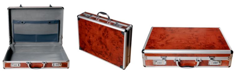 The suitcase is fitted with an aluminum frame with a wooden filling on an isolated background. A container for carrying valuables.