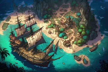 Pirate treasure map with pirate ship and sea. Generate AI - obrazy, fototapety, plakaty