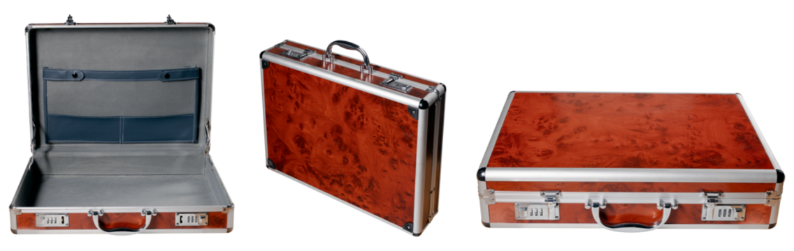 The suitcase is fitted with an aluminum frame with a wooden filling on an isolated background. A container for carrying valuables.