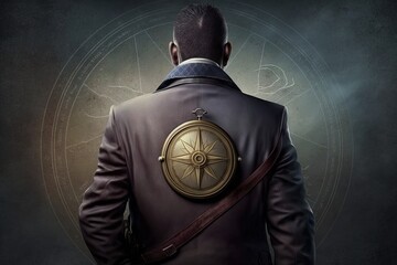 Illustration of businessman with compass on the back, background, business concept. Generative AI