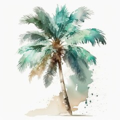 Palm Tree on White Background, Tropical Paradise, Castaway, Watercolor Painted Style, Nature [Generative AI]