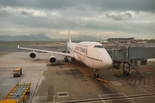 HONG KONG, CHINA - CIRCA NOVEMBER, 2015: Orient Thai Airlines Boeing 747 on tarmac at Hong Kong International Airport.