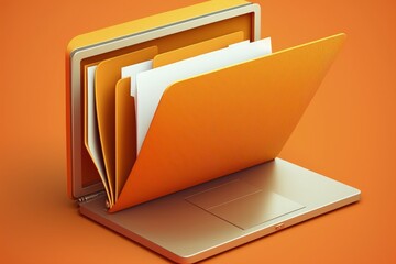 File folder on laptop screen, orange background. Generative AI