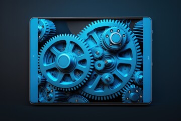 Gears illustration on tablet screen, blue background. Generative AI