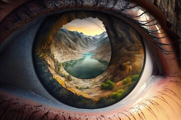 Landscape illustration inside an eye, background. Generative AI