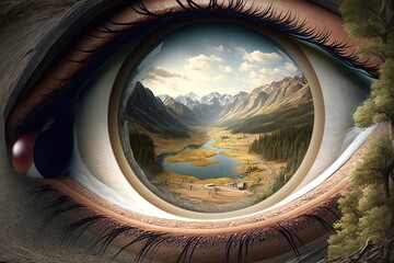 Landscape illustration inside an eye, background. Generative AI