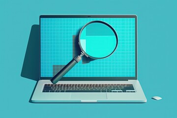 Magnifier on laptop screen, blue background. AI digital illustration