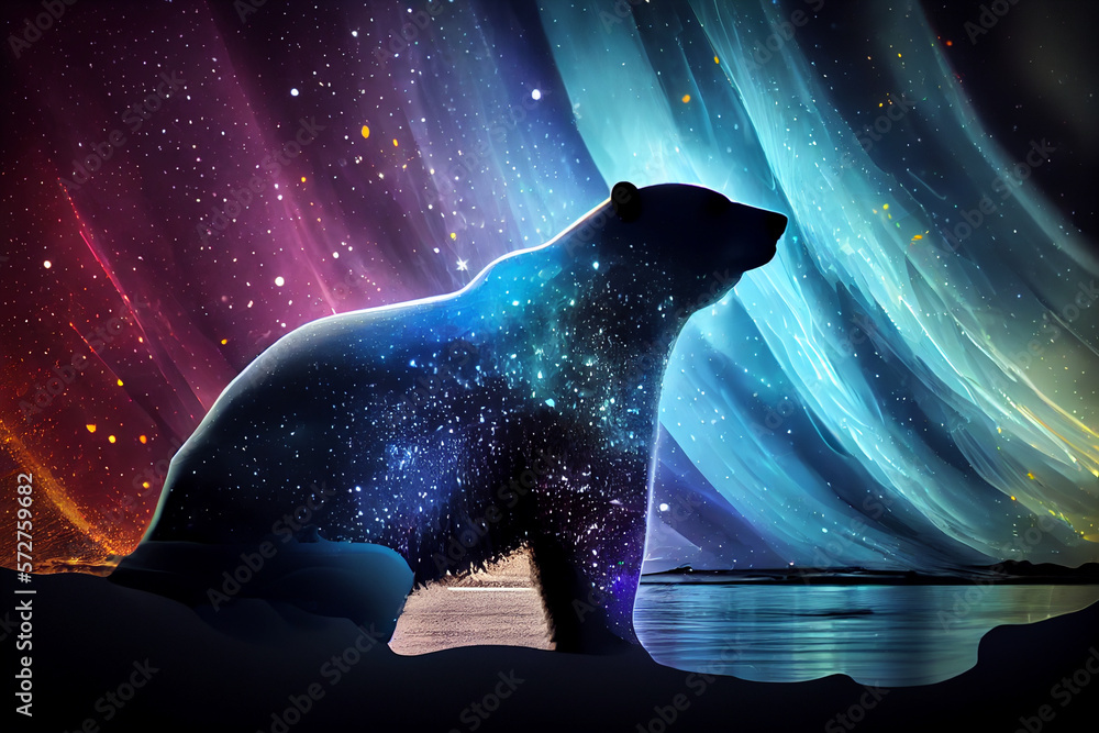 Poster beautiful silhouette polar bear on a bright bokeh background. generative ai technology.