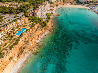 Fototapeta na wymiar Beautiful aerial view of El Toro and Port Adriano beach, Mallorca, Balearic Islands by drone
