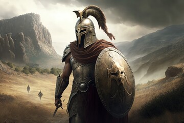 Spartan soldier illustration with helmet and battlefield in background. Generative AI	 - obrazy, fototapety, plakaty