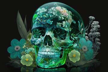 Green crystal skull illustration with flowers, background. Generative AI