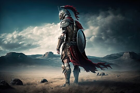 Spartan soldier illustration with helmet and battlefield in background. Generative AI	