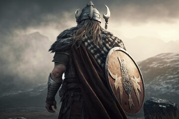 Fototapeta premium Viking warrior from the back, landscape in the background. Generative AI