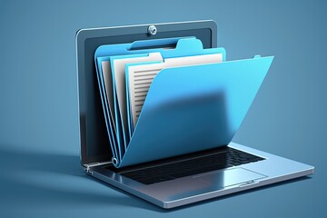 File folder on laptop screen, blue background. Generative AI - obrazy, fototapety, plakaty