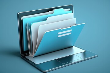File folder on laptop screen, blue background. Generative AI - obrazy, fototapety, plakaty