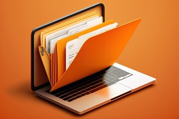 File folder on laptop screen, orange background. Generative AI - obrazy, fototapety, plakaty