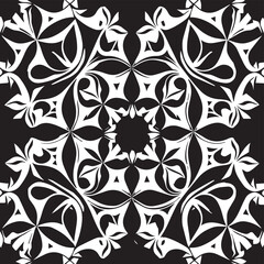 Asian-inspired arabesque print in stylish monochrome with classic symmetric geometry, vintage floral and leaf elements, and ornamental retro tracery, perfect for background, wallpaper