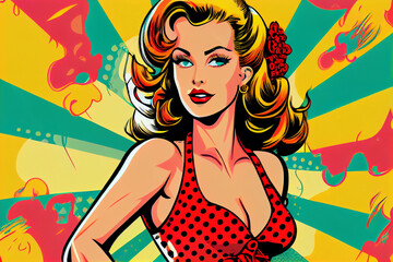Obraz na płótnie Canvas Portrait von sexy Pin-up Girl im bunten Pop-Art Retro-Comic-Stil - Generative Ai