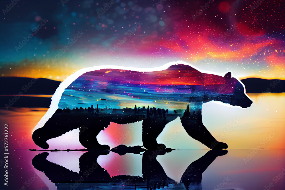 Poster beautiful silhouette polar bear on a bright bokeh background. generative ai technology.
