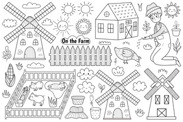 Black and white farm set with cute animals and kids farmers. Coloring page with countryside life elements in cartoon style. Boy feeding a hen, pigs in pigsty and other. Vector illustration