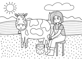 Black and white on the farm poster with cute girl milking a cow. Coloring page with farm characters in cartoon style. Pasture landscape. Countryside background. Vector illustration