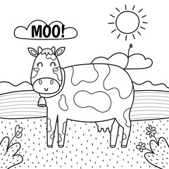 The cow goes moo black and white print. Coloring page with cute farm character on a green pasture. Funny card with animal in cartoon style for kids. Vector illustration