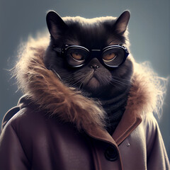 chic cat charisma wearing coat, wearing sunglasses, funny, fashion, pic as wallpaper, poster, t shirt and others