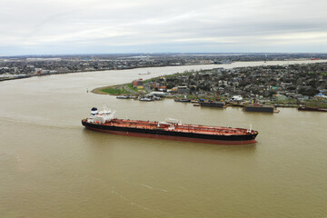 Aerial of Freighter on Mississippi River at New Orleans, Louisiana, United States