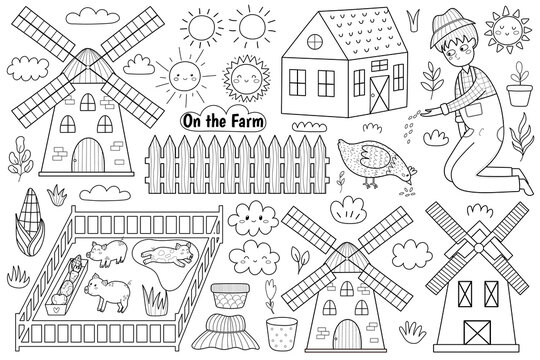 Black And White Farm Set With Cute Animals And Kids Farmers. Coloring Page With Countryside Life Elements In Cartoon Style. Boy Feeding A Hen, Pigs In Pigsty And Other. Vector Illustration