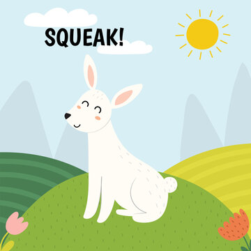 Rabbit saying squeak print. Cute farm character on a green pasture making a sound. Funny card with animal in cartoon style for kids. Vector illustration