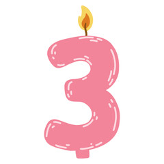 Candle number two in flat style. Hand drawn vector illustration of 2 symbol burning candle, design element for birthday cakes