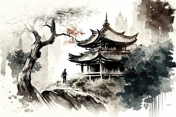 Wall art, wallpaper frame art, painting, line art, Japan, japanese culture, landscape scenery, pagoda, water color, AI generated art - obrazy, fototapety, plakaty