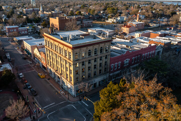 Aerial View of Brick Buildings in New Bern at Sunset in the Downtown Area